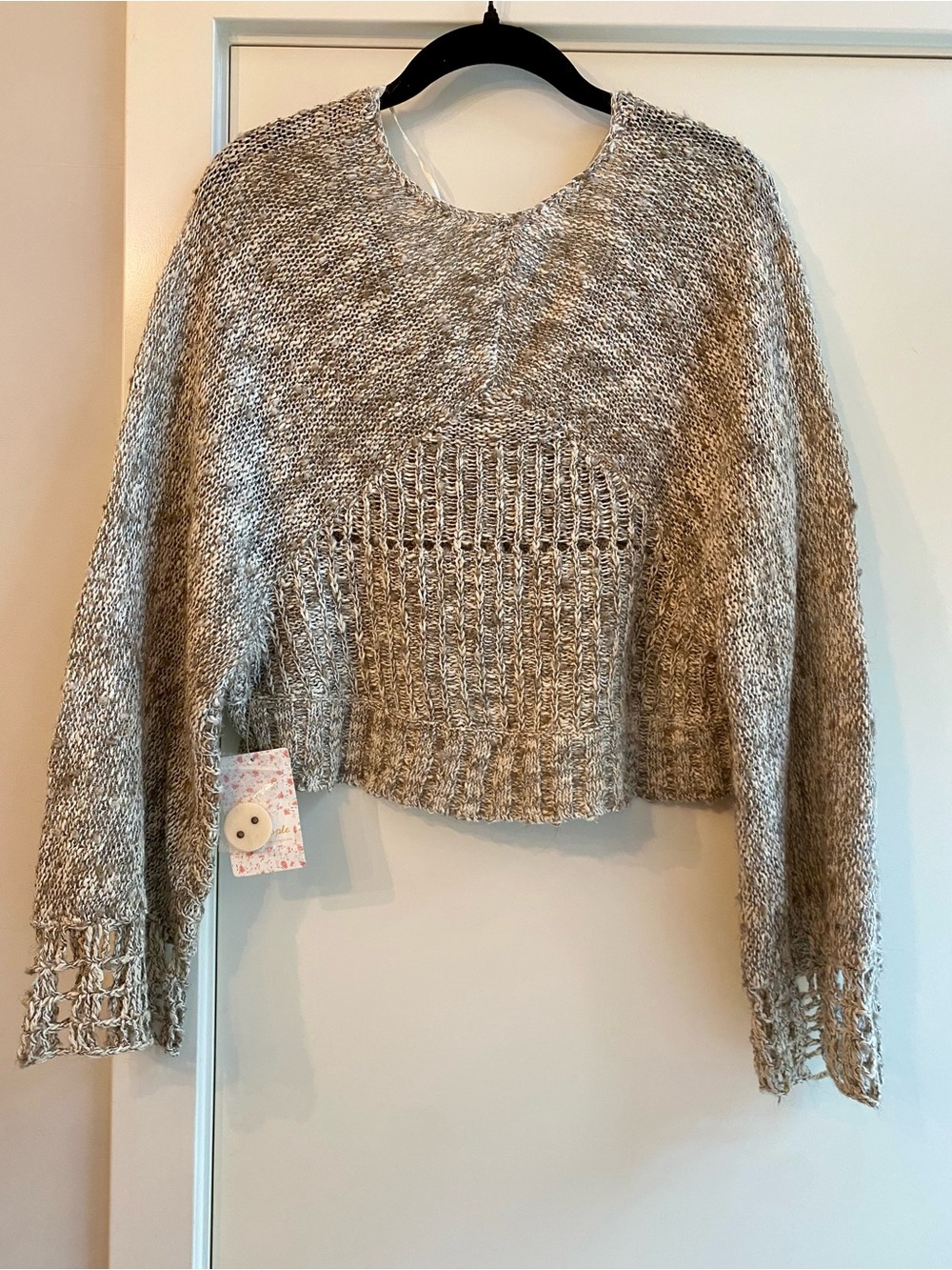 Free People Cropped Open-Weave Button Cardigan in Beige - Picture 2 of 3
